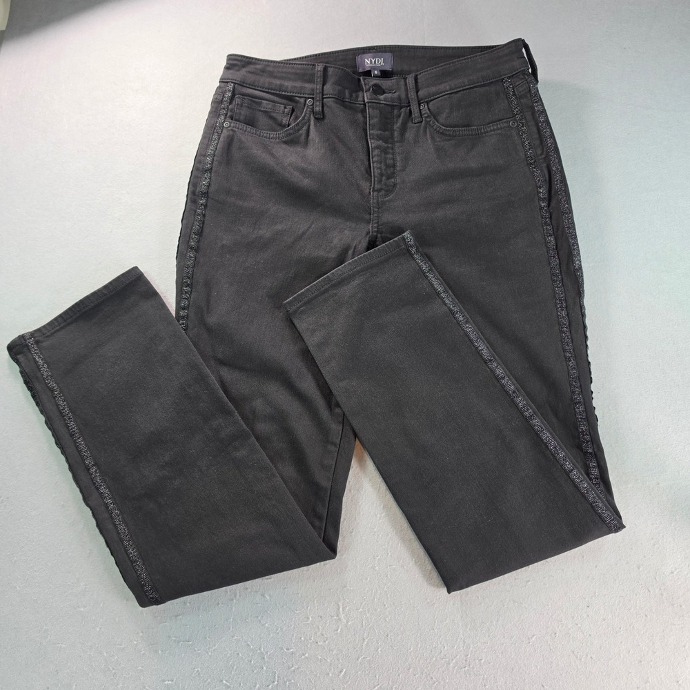 NYDJ Sheri Slim Black Jeans Sz 8 Glitter Rhinestone Side Stripe Lift Tuck